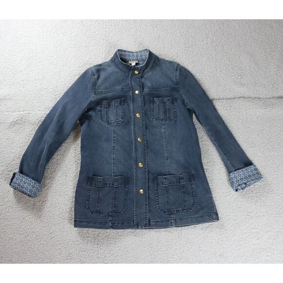 J. Jill Jacket Womens Xs Denim 4 Pocket Printed Cuff Dark Wash Light Weight - Picture 1 of 11
